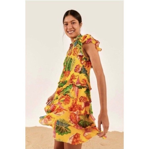 FARM Rio Dresses & Skirts - Farm Rio Yellow Beaks & Bananas Mini Dress Small Tropical Toucan Tiered Resort